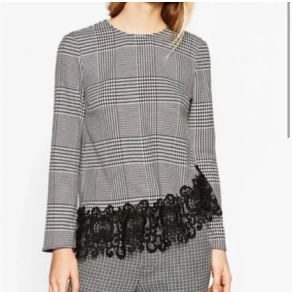 Zara Gray Plaid Top with Black Lace Trim